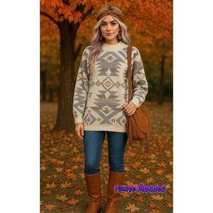 Vintage 90's Garland Sweater Southwestern Aztec Print Ivory High Neck Boho Wool